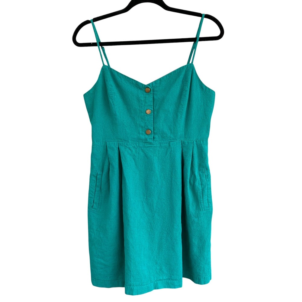 Urban Outfitters Cope Teal Green Linen Blend Smocked Mini Dress Pockets L Boho